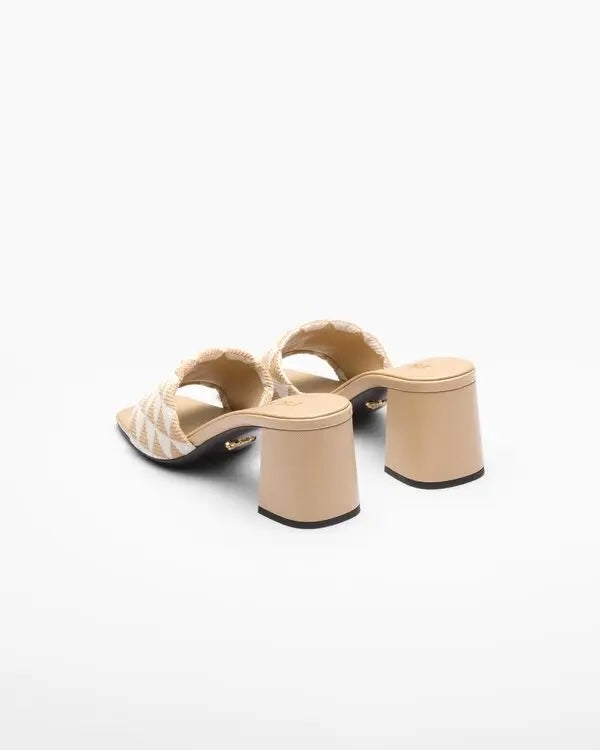 PRADA JACQUARD TRIANGLE LOGO BLOCK HEEL MULES