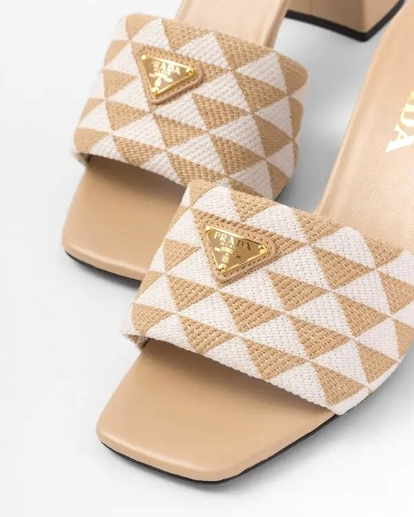 PRADA JACQUARD TRIANGLE LOGO BLOCK HEEL MULES