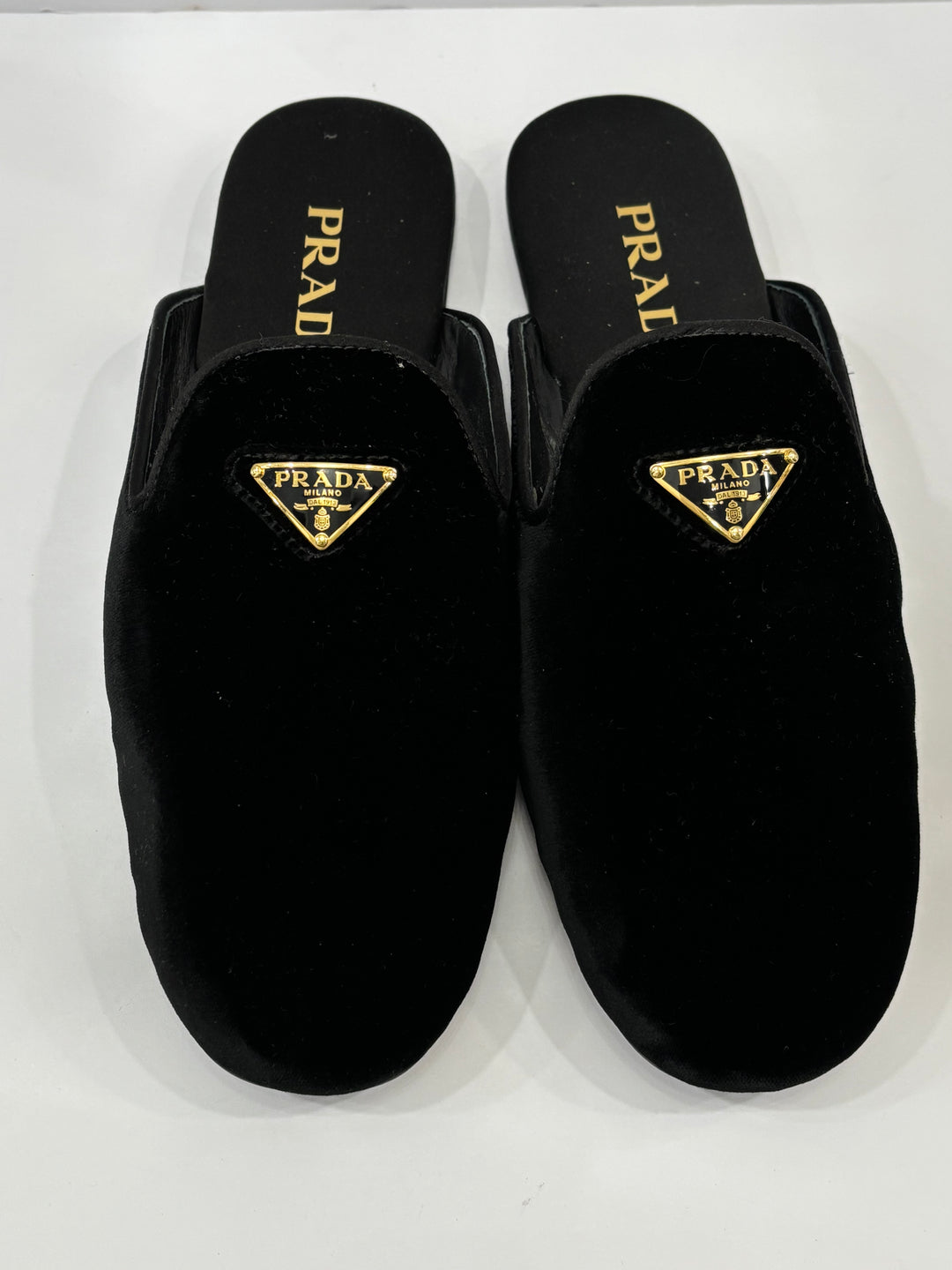 PRADA VELVET LOGO MULES