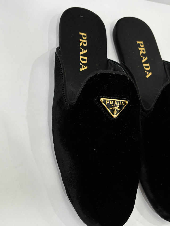 PRADA VELVET LOGO MULES
