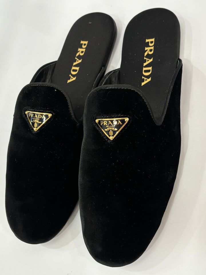 PRADA VELVET LOGO MULES