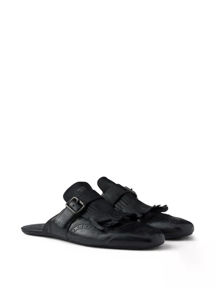 PRADA SHUFFLE FRINGE ANTIQUED CALFSKIN MULES