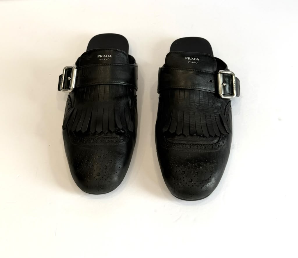 PRADA SHUFFLE FRINGE ANTIQUED CALFSKIN MULES