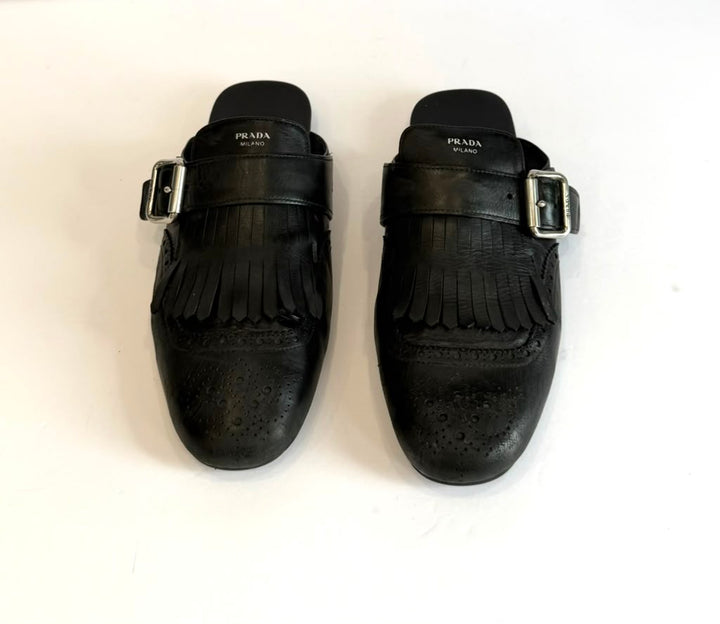 PRADA SHUFFLE FRINGE ANTIQUED CALFSKIN MULES