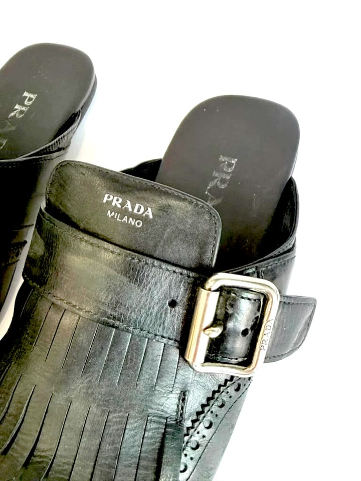 PRADA SHUFFLE FRINGE ANTIQUED CALFSKIN MULES