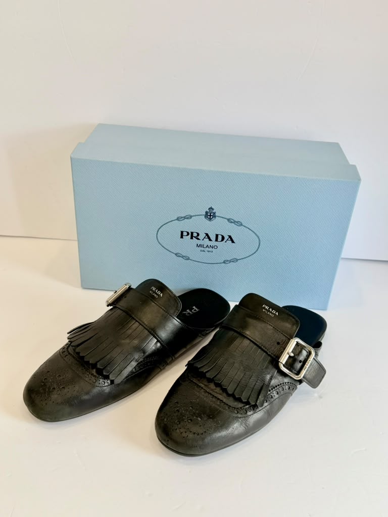 PRADA SHUFFLE FRINGE ANTIQUED CALFSKIN MULES
