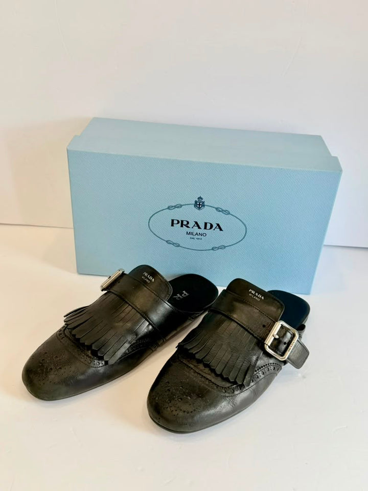 PRADA SHUFFLE FRINGE ANTIQUED CALFSKIN MULES