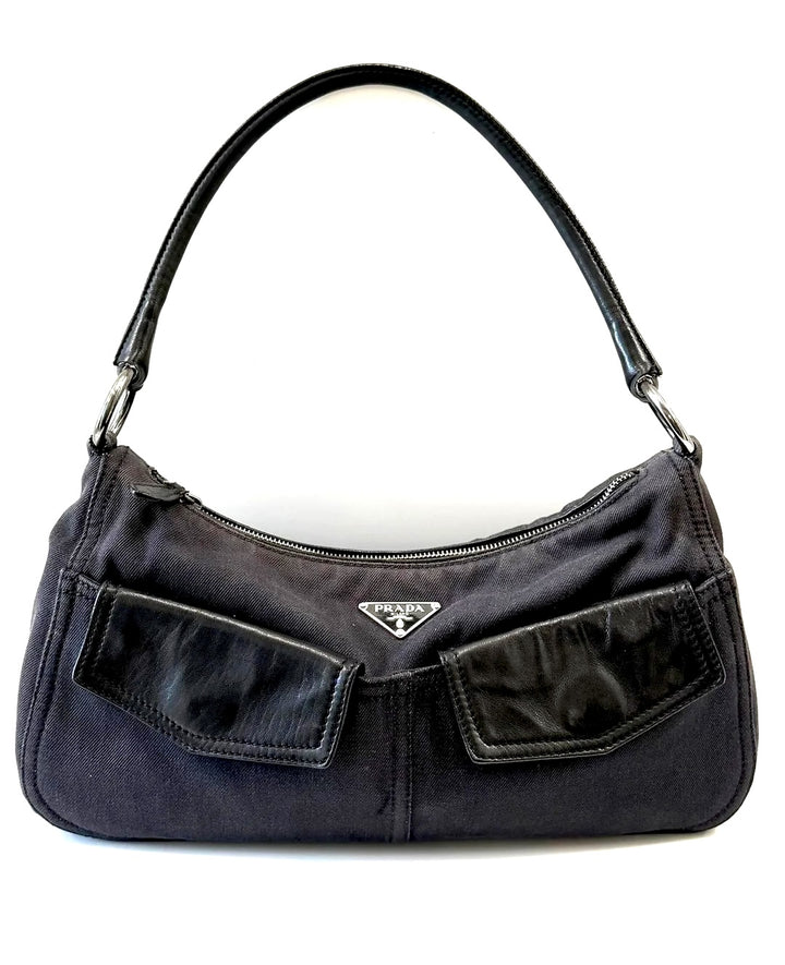 PRADA BUFALINO TRIMMED DENIM CARGO HOBO BAG