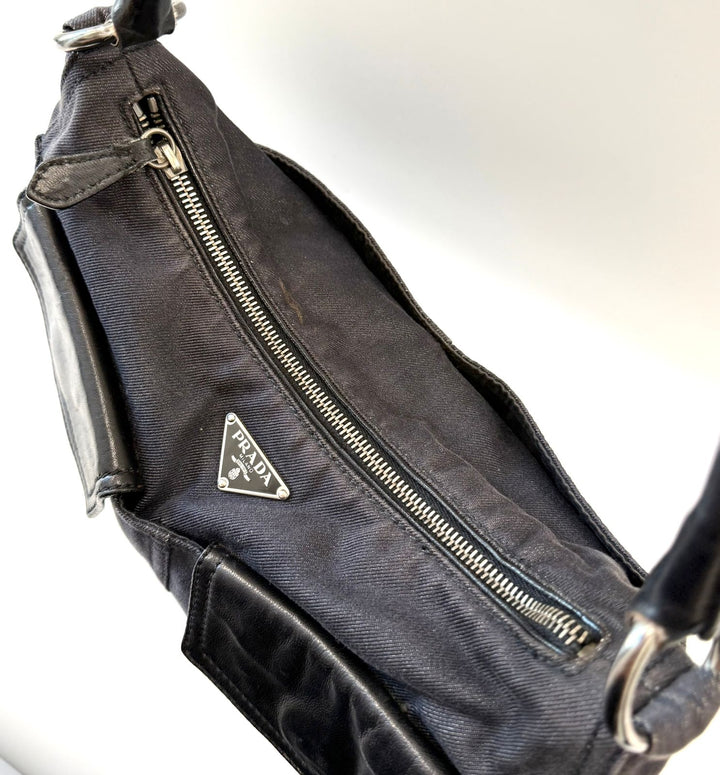 PRADA BUFALINO TRIMMED DENIM CARGO HOBO BAG