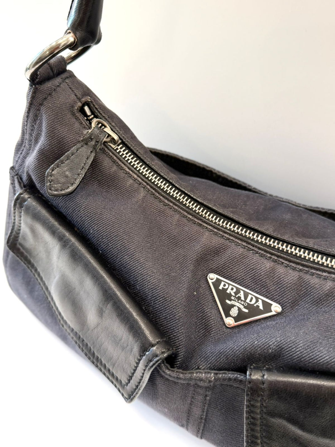 PRADA BUFALINO TRIMMED DENIM CARGO HOBO BAG