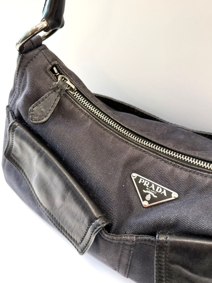 PRADA BUFALINO TRIMMED DENIM CARGO HOBO BAG