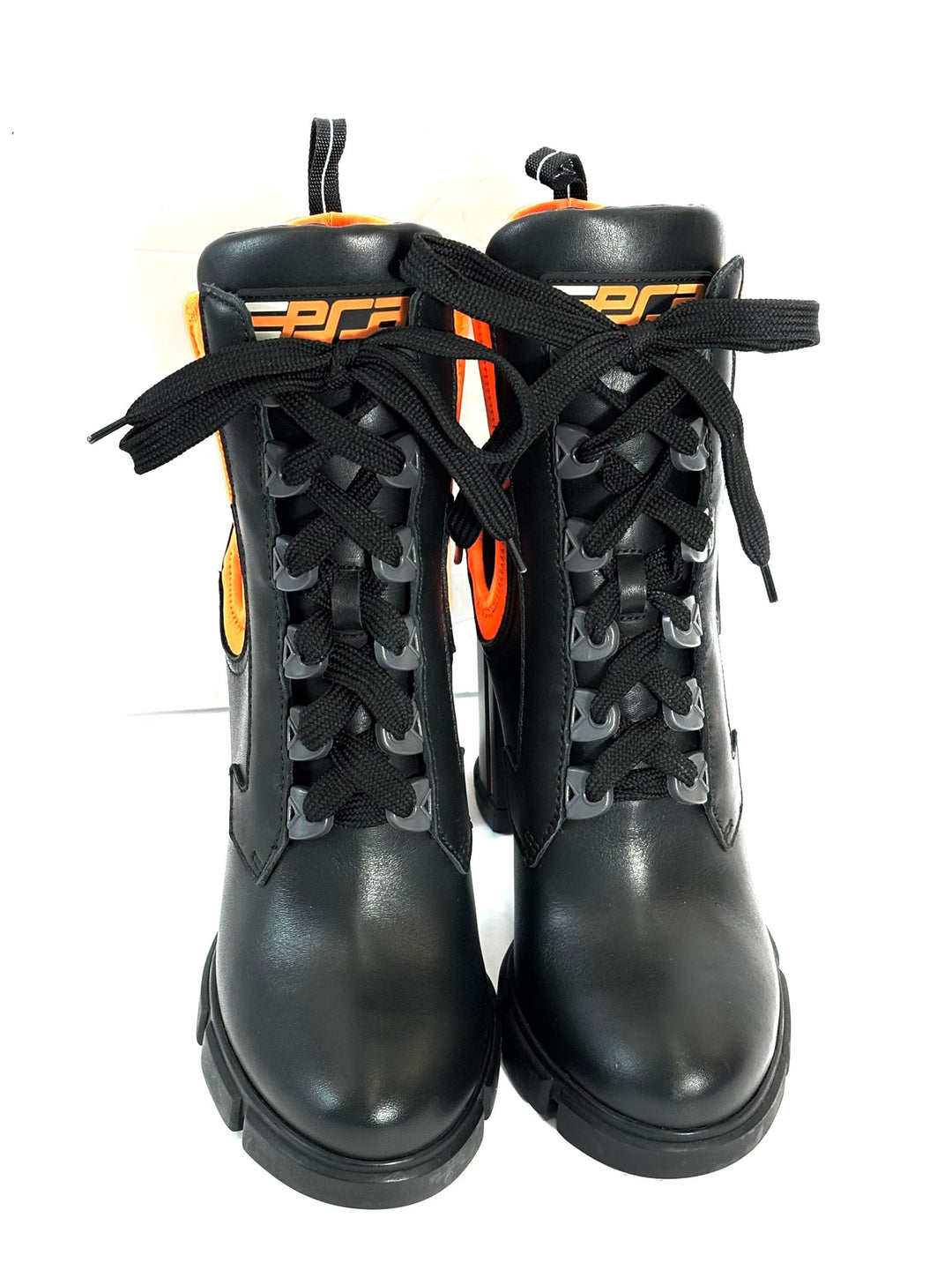 PRADA RUNWAY COLLECTION NEON NEOPRENE CALFSKIN LOGO BOOTS