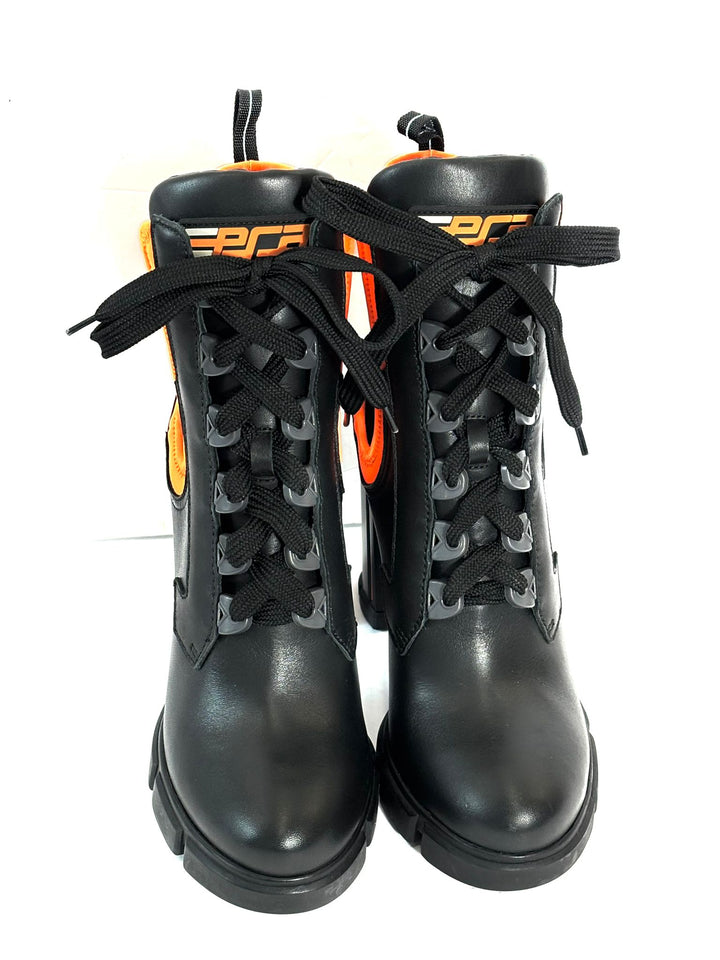 PRADA RUNWAY COLLECTION NEON NEOPRENE CALFSKIN LOGO BOOTS
