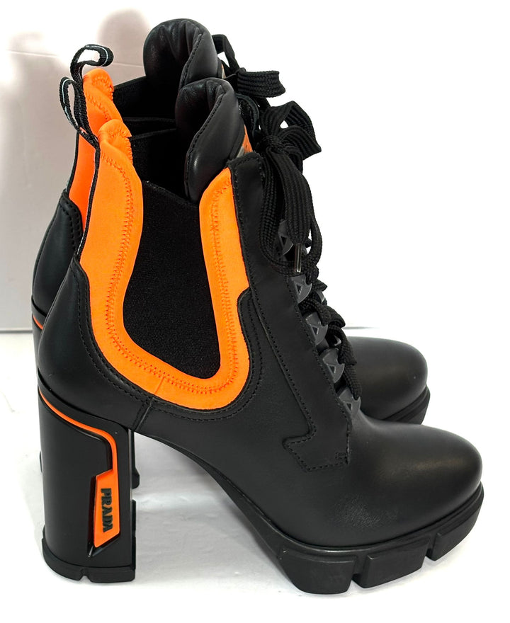 PRADA RUNWAY COLLECTION NEON NEOPRENE CALFSKIN LOGO BOOTS