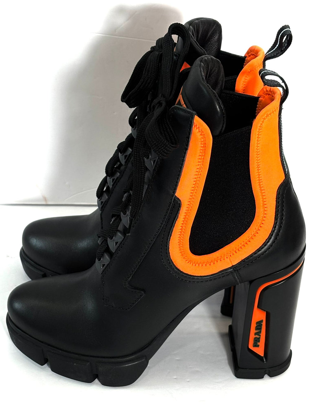 PRADA RUNWAY COLLECTION NEON NEOPRENE CALFSKIN LOGO BOOTS
