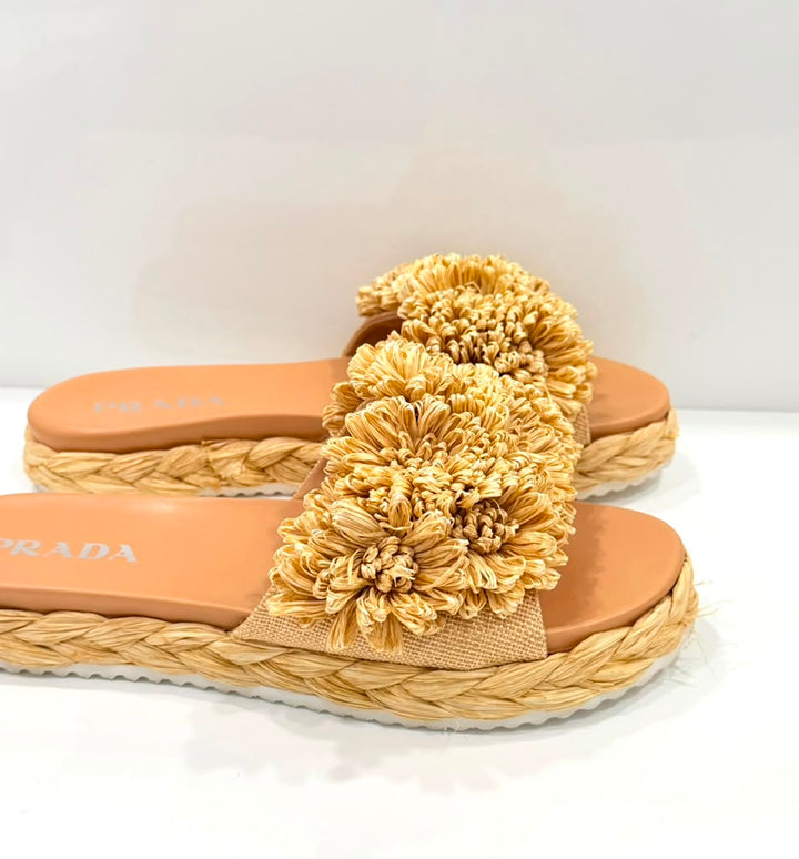 PRADA RAFFIA FLORAL PUFF ESPADRILLE MULES