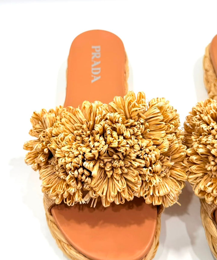 PRADA RAFFIA FLORAL PUFF ESPADRILLE MULES