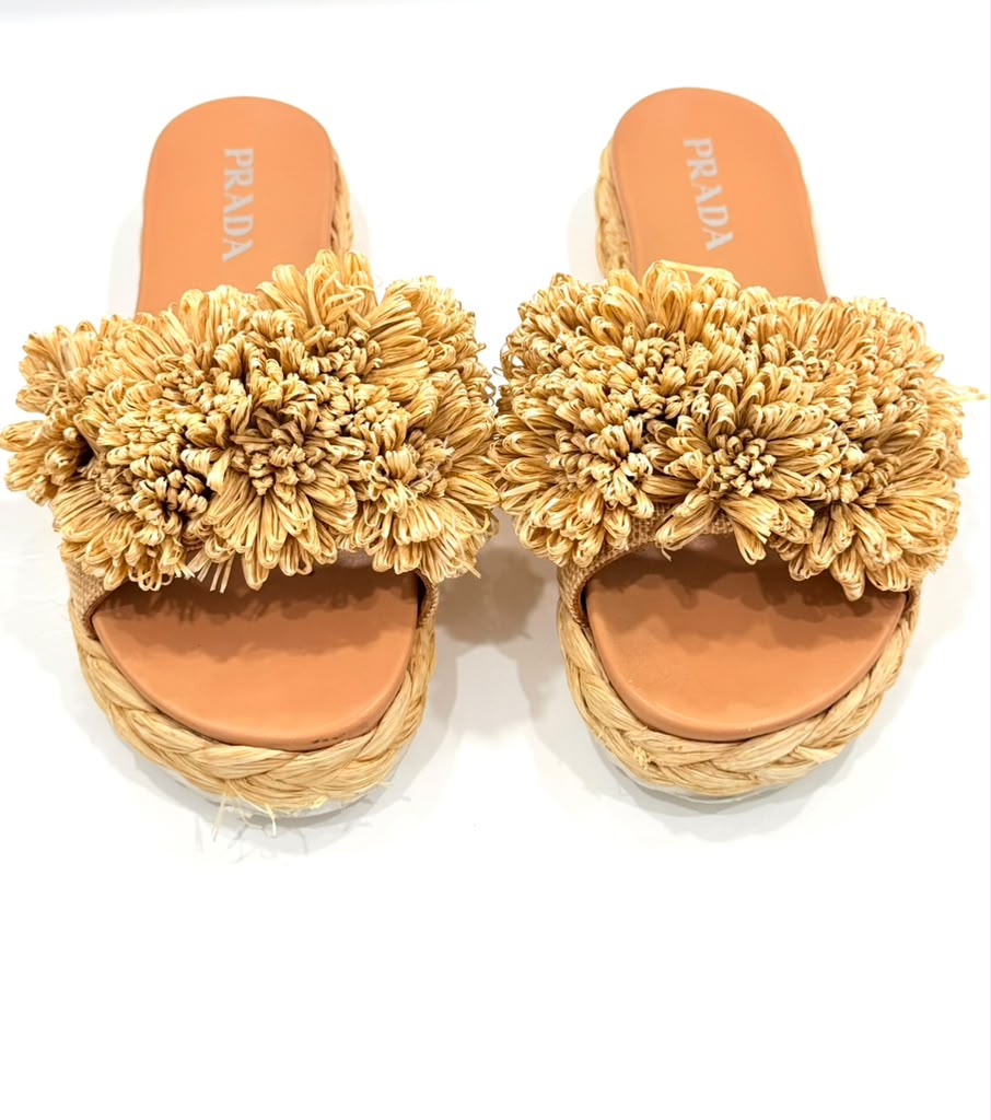 PRADA RAFFIA FLORAL PUFF ESPADRILLE MULES