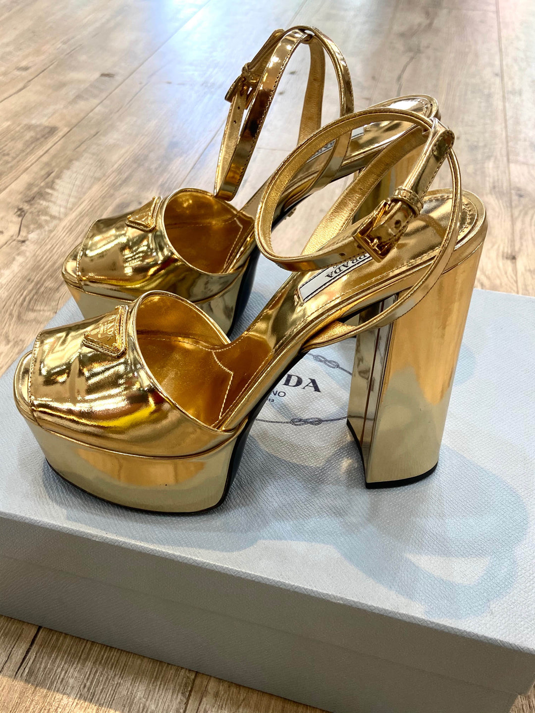 PRADA METALLIC GOLD PLATFORM SANDALS
