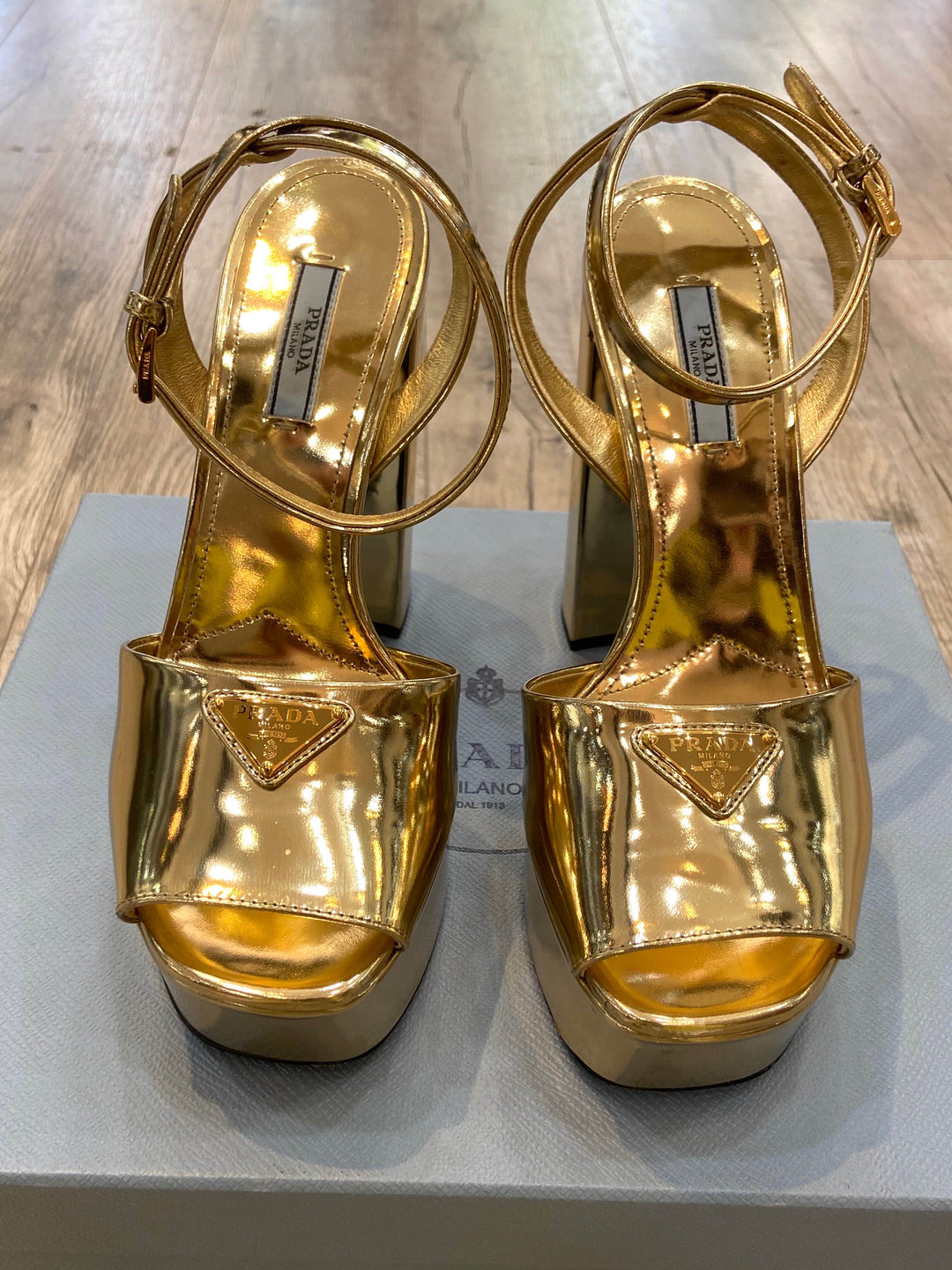 PRADA METALLIC GOLD PLATFORM SANDALS