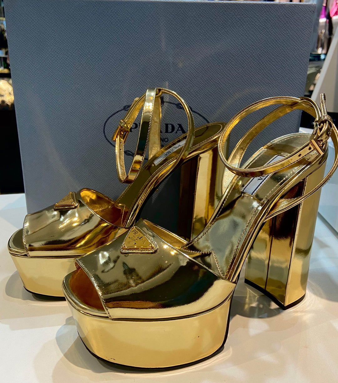 PRADA METALLIC GOLD PLATFORM SANDALS