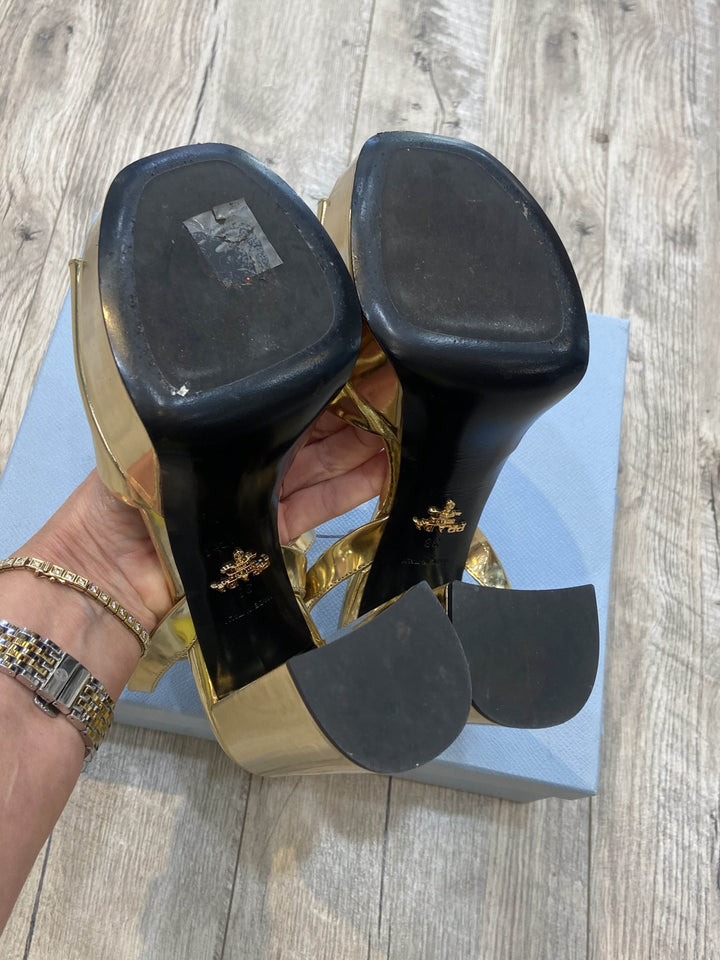 PRADA METALLIC GOLD PLATFORM SANDALS