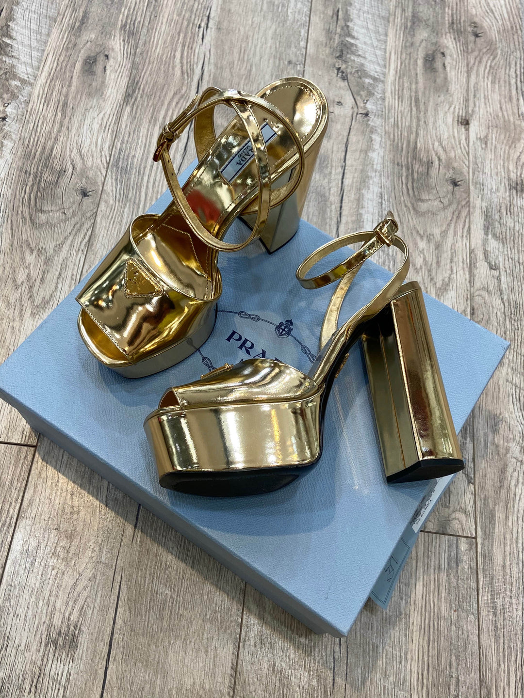 PRADA METALLIC GOLD PLATFORM SANDALS