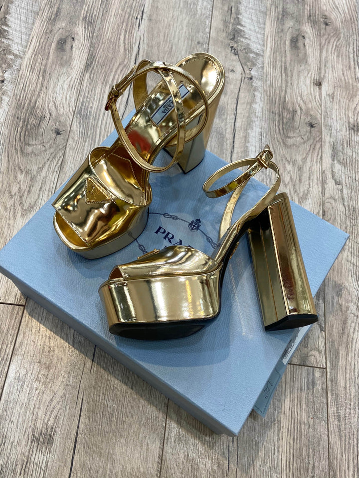 PRADA METALLIC GOLD PLATFORM SANDALS