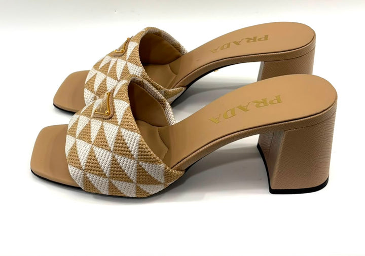 PRADA JACQUARD TRIANGLE LOGO BLOCK HEEL MULES