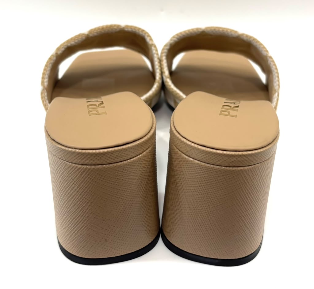 PRADA JACQUARD TRIANGLE LOGO BLOCK HEEL MULES