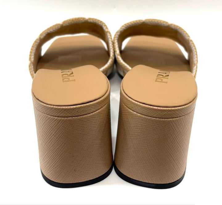 PRADA JACQUARD TRIANGLE LOGO BLOCK HEEL MULES