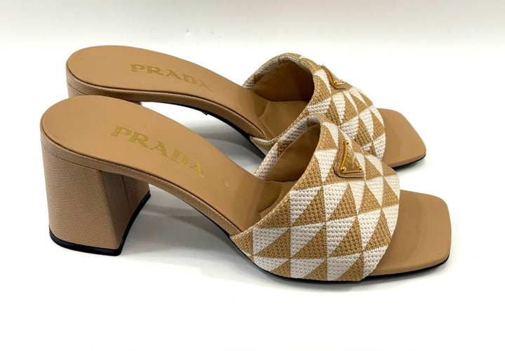 PRADA JACQUARD TRIANGLE LOGO BLOCK HEEL MULES