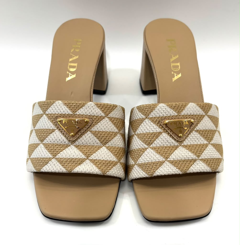PRADA JACQUARD TRIANGLE LOGO BLOCK HEEL MULES