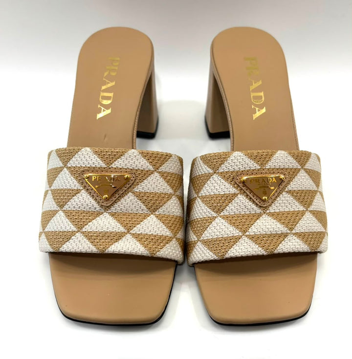 PRADA JACQUARD TRIANGLE LOGO BLOCK HEEL MULES