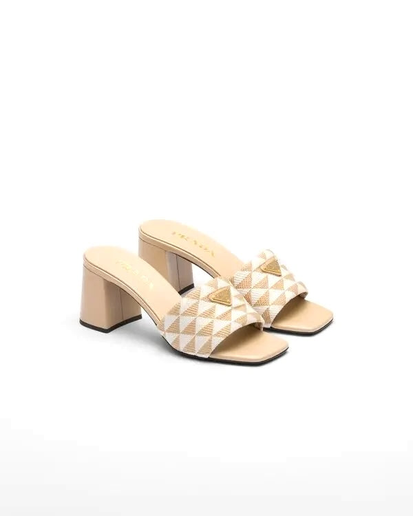 PRADA JACQUARD TRIANGLE LOGO BLOCK HEEL MULES