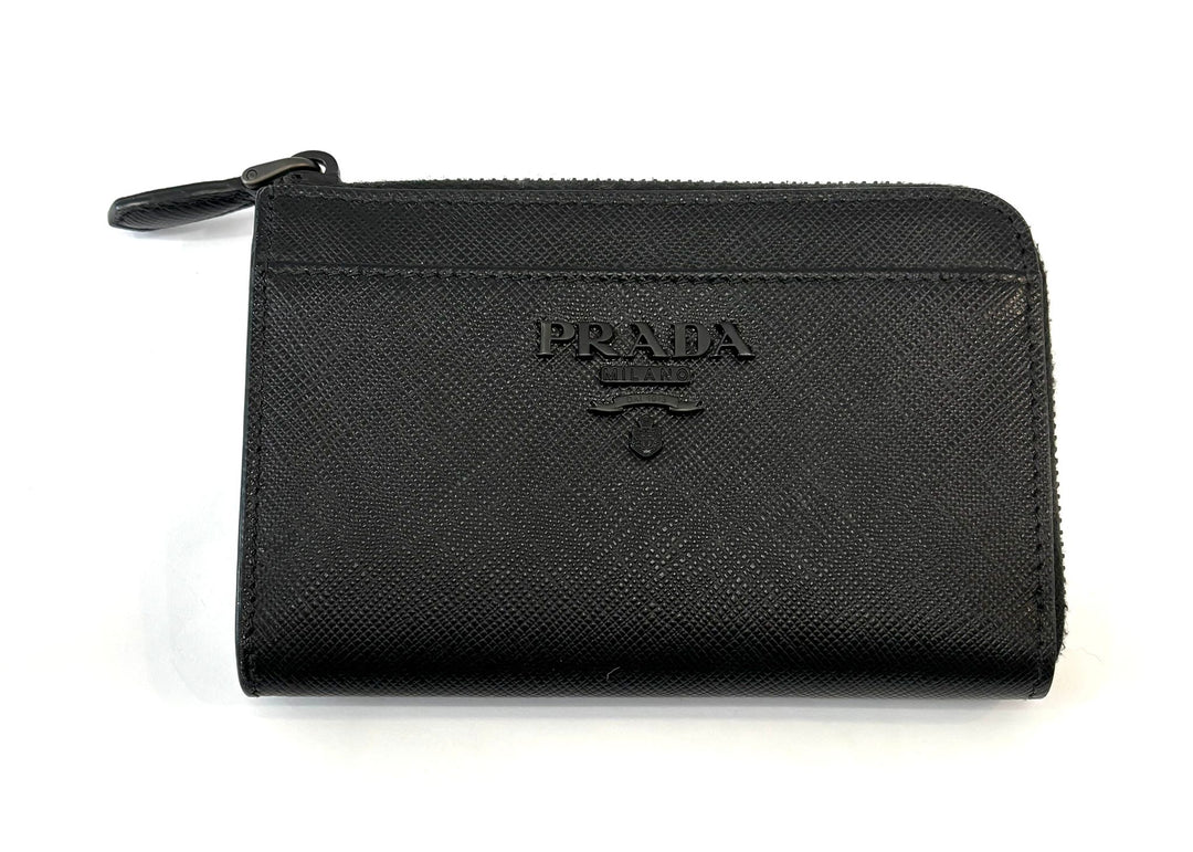 PRADA MONOCHROME SAFFIANO LEATHER ZIP KEYCHAIN  COMPACT WALLET