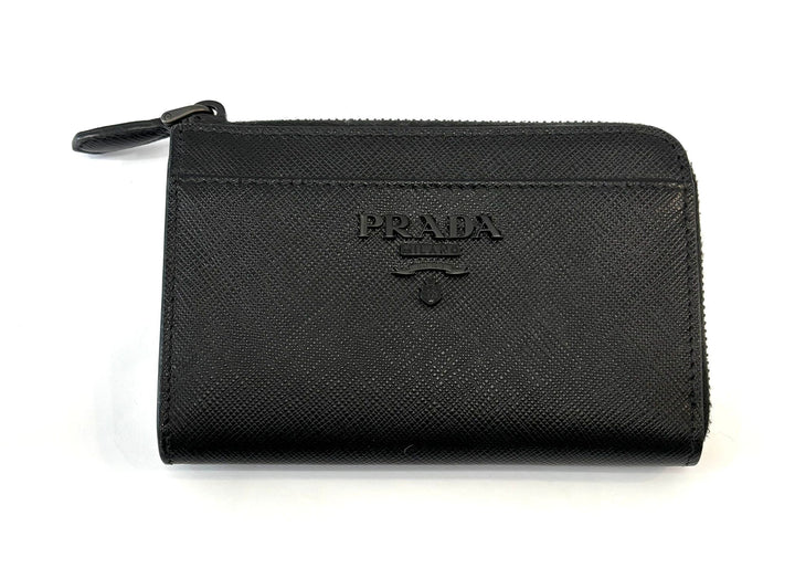 PRADA MONOCHROME SAFFIANO LEATHER ZIP KEYCHAIN  COMPACT WALLET