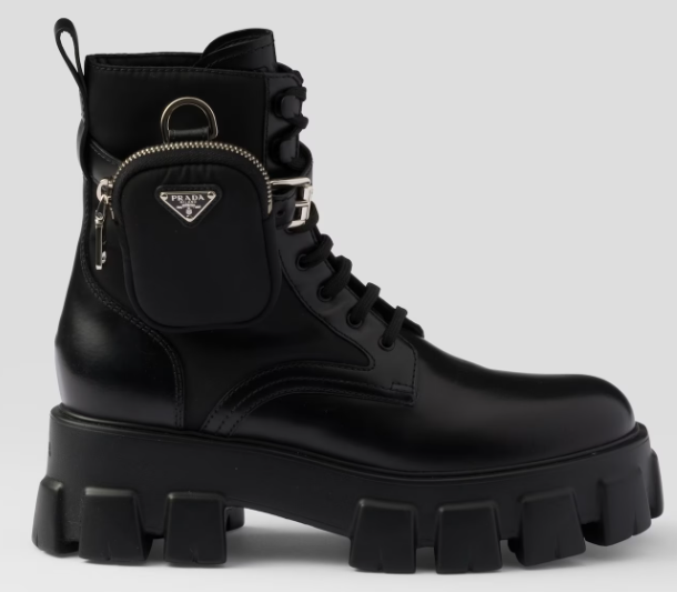 PRADA MONOLITH LEATHER COMBAT BOOTS WITH POUCH