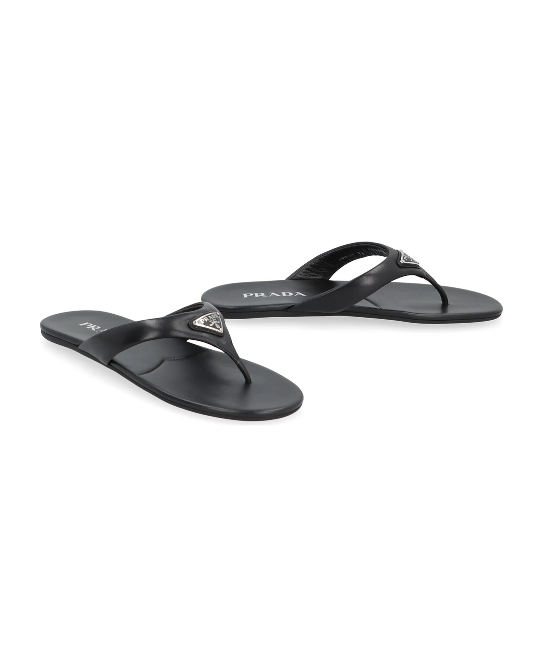 PRADA TRIANGLE LOGO PATENT LEATHER THONG SLIDE SANDALS