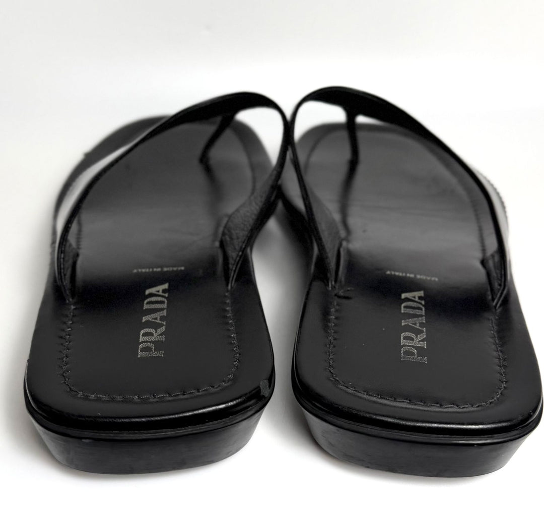 PRADA TRIANGLE LOGO PATENT LEATHER THONG SLIDE SANDALS