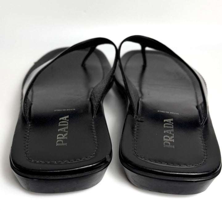 PRADA TRIANGLE LOGO PATENT LEATHER THONG SLIDE SANDALS