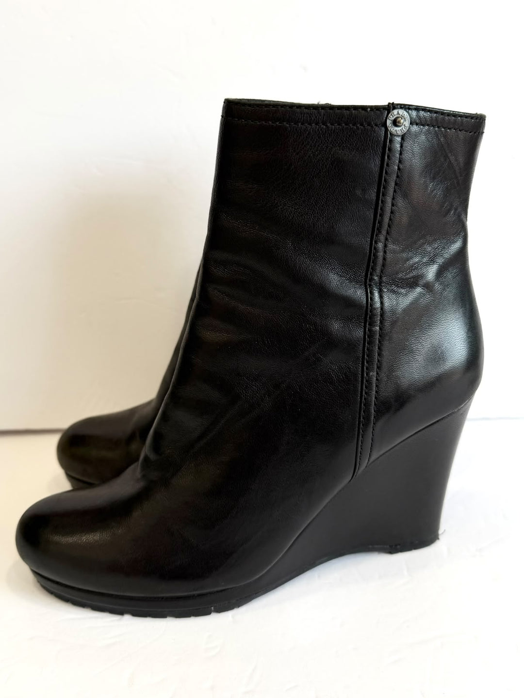 PRADA SPORT SOFT CALFSKIN LEATHER WEDGE HEEL BOOTIES