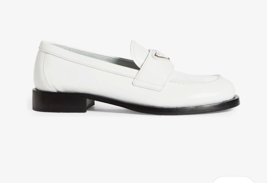 PRADA TRIANGLE LOGO PENNY SHINY BRUSHED CALFSKIN LEATHER LOAFERS