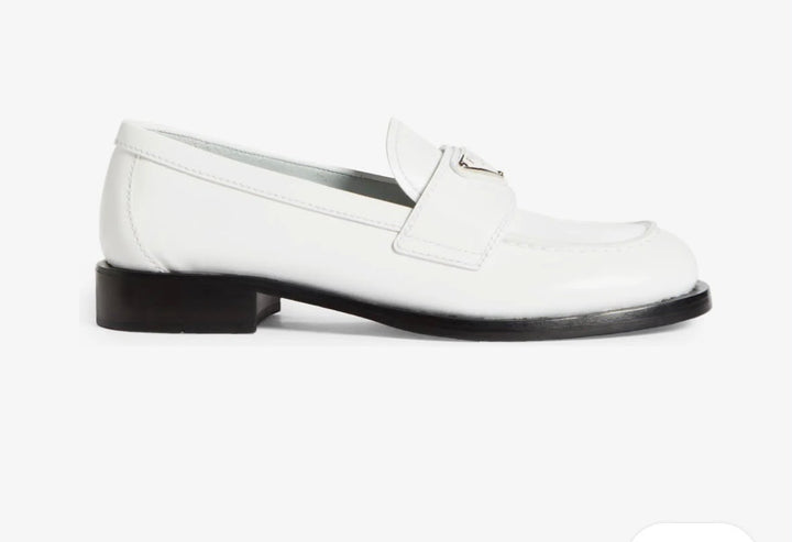 PRADA TRIANGLE LOGO PENNY SHINY BRUSHED CALFSKIN LEATHER LOAFERS