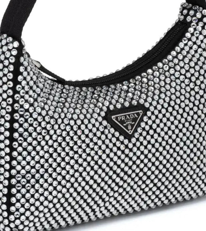 PRADA RE-EDITION 2005 CRYSTAL EMBELLISHED SATIN MINI BAG
