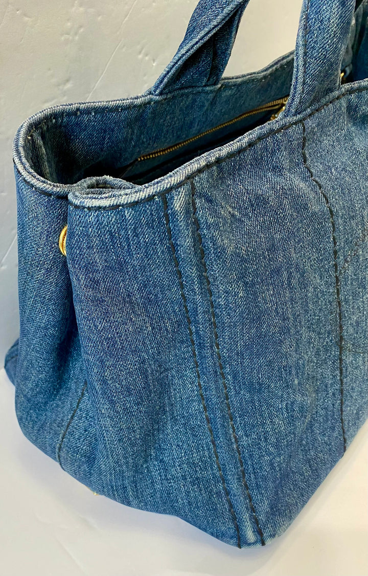 PRADA CANAPA DENIM SHOPPER TOTE BAG