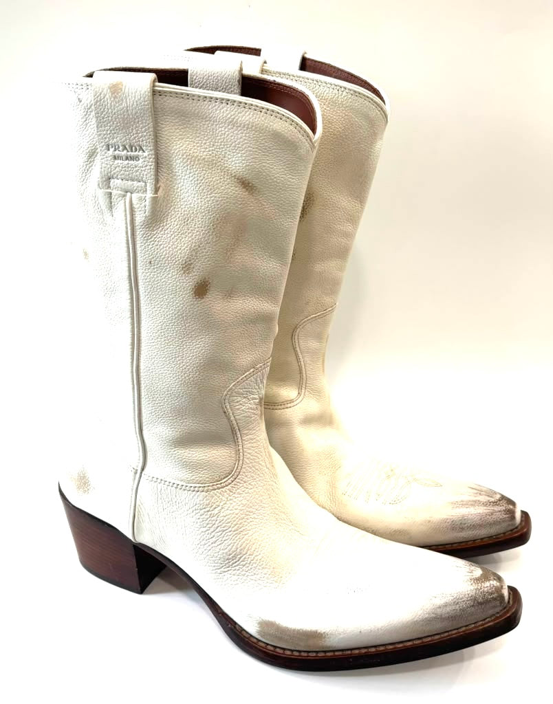 PRADA DISTRESSED CALFSKIN LEATHER SHORT COWBOY BOOTS