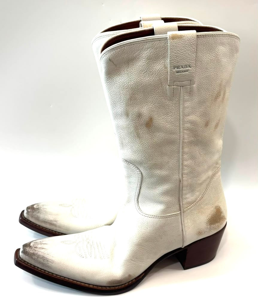 PRADA DISTRESSED CALFSKIN LEATHER SHORT COWBOY BOOTS