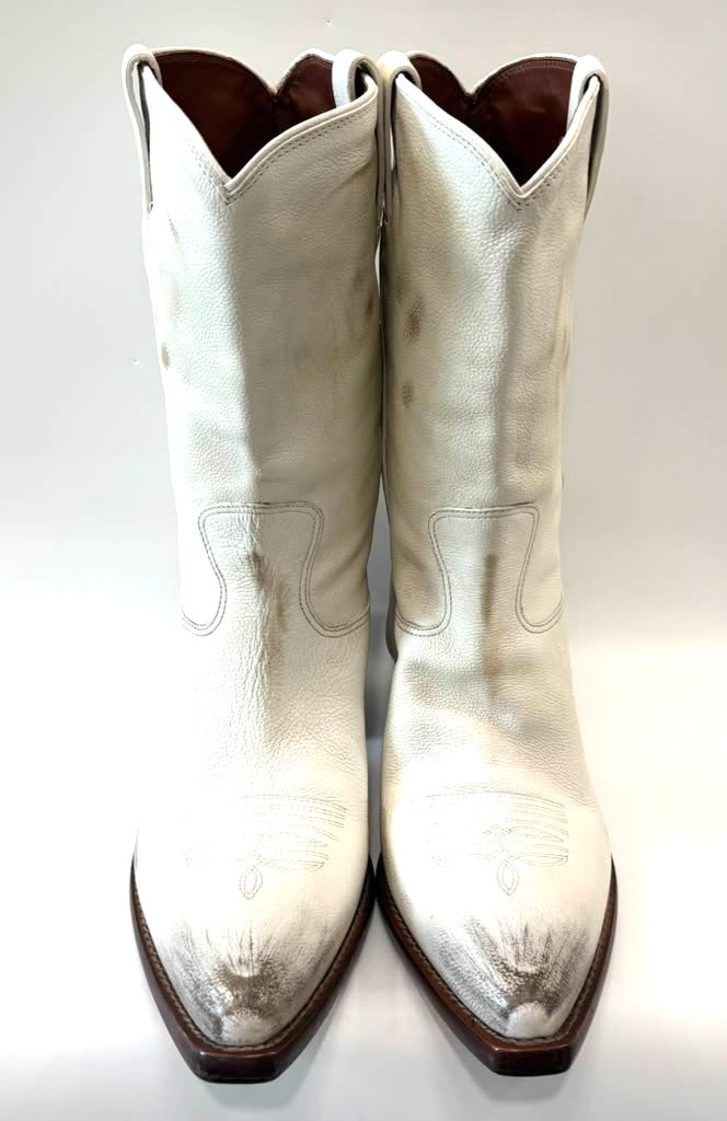 PRADA DISTRESSED CALFSKIN LEATHER SHORT COWBOY BOOTS