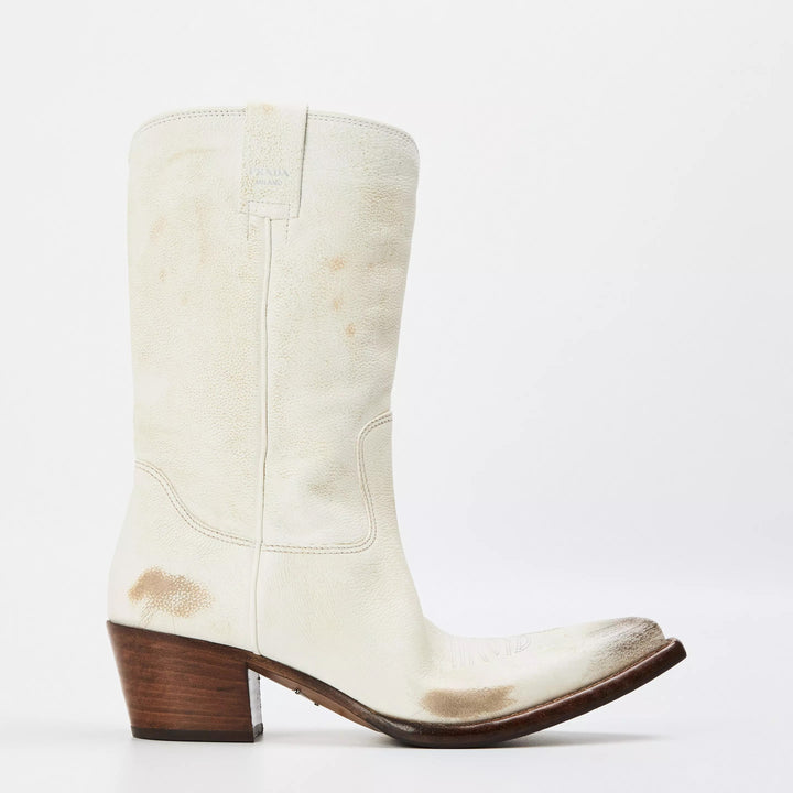 PRADA DISTRESSED CALFSKIN LEATHER SHORT COWBOY BOOTS